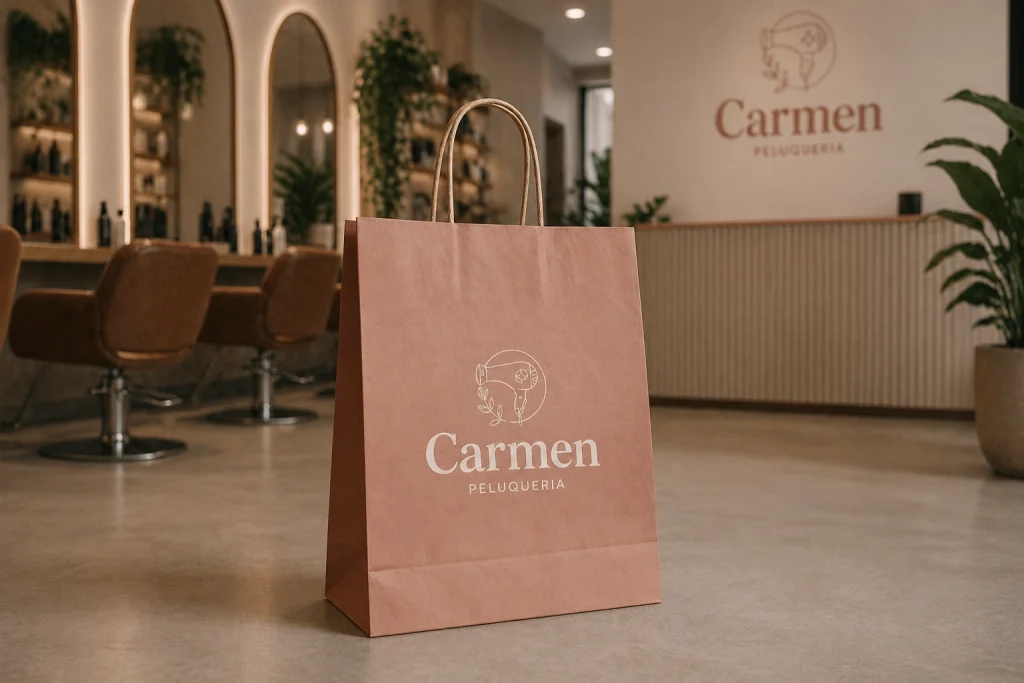 bolsa kraft con logo de peluquería aplicado en impresión