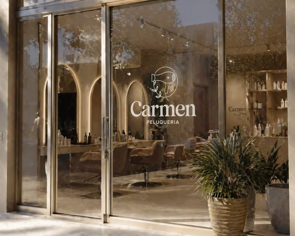 fachada de peluquería con el logo aplicado en el cristal