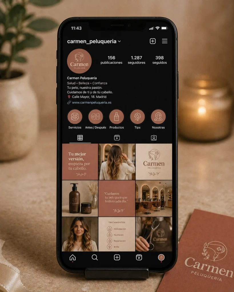 perfil de Instagram de peluquería con identidad visual coherente