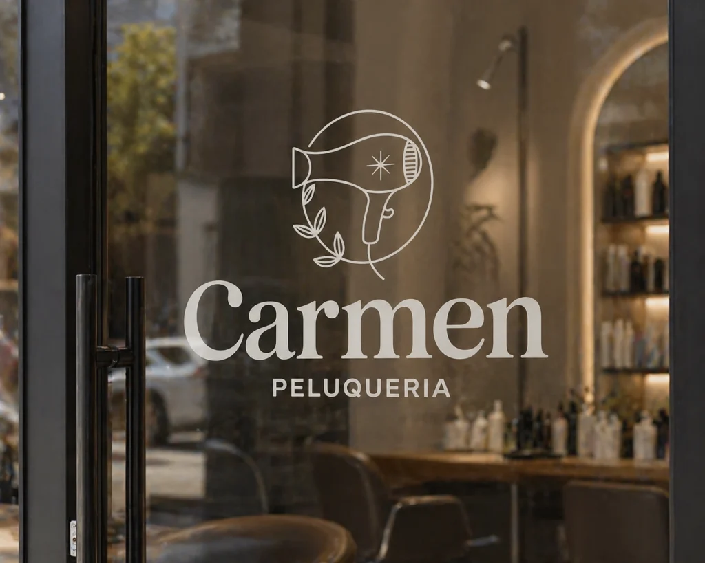 logo de peluquería aplicado en puerta de cristal dentro del branding del salón