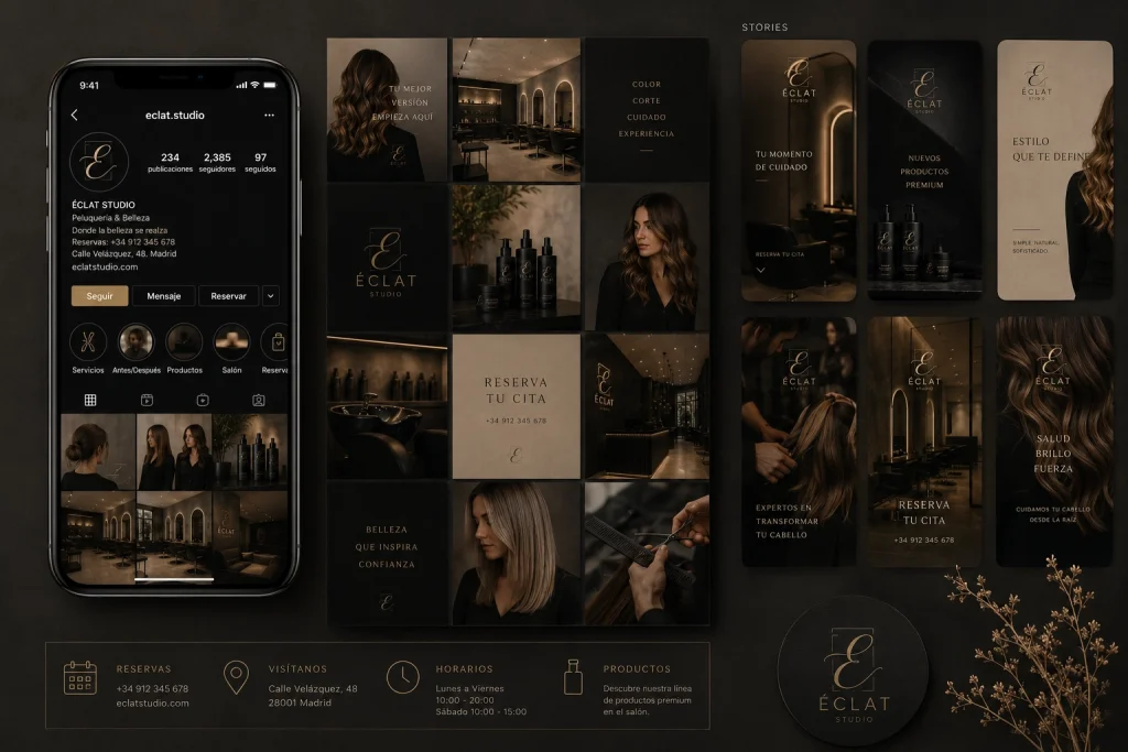 Branding salones de belleza — kit de redes sociales Éclat Studio con plantillas de feed, stories e highlights para Instagram