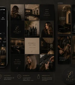 Branding salones de belleza — kit de redes sociales Éclat Studio con plantillas de feed, stories e highlights para Instagram