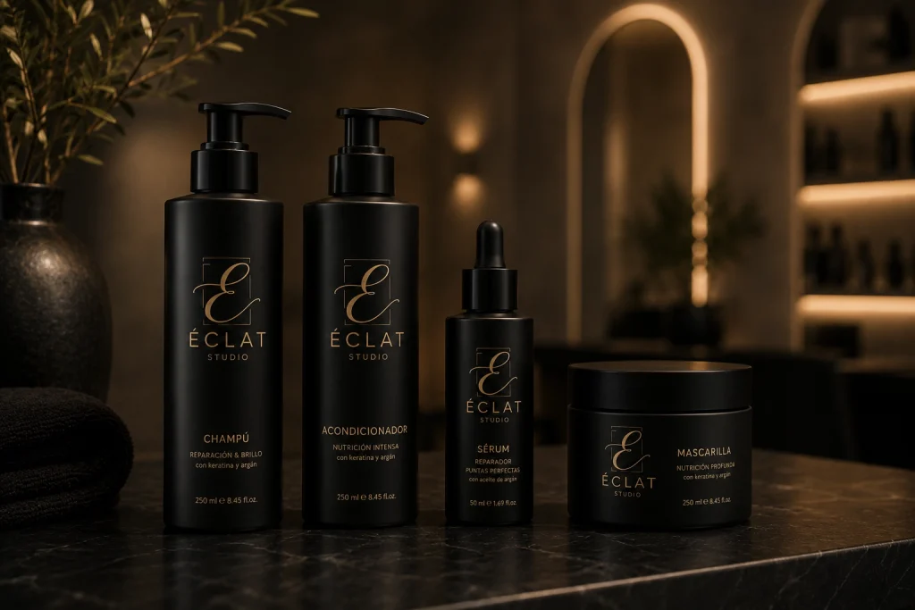 Branding salones de belleza — línea de cosmética capilar Éclat Studio con champú, acondicionador, sérum y mascarilla en envase negro mate y dorado