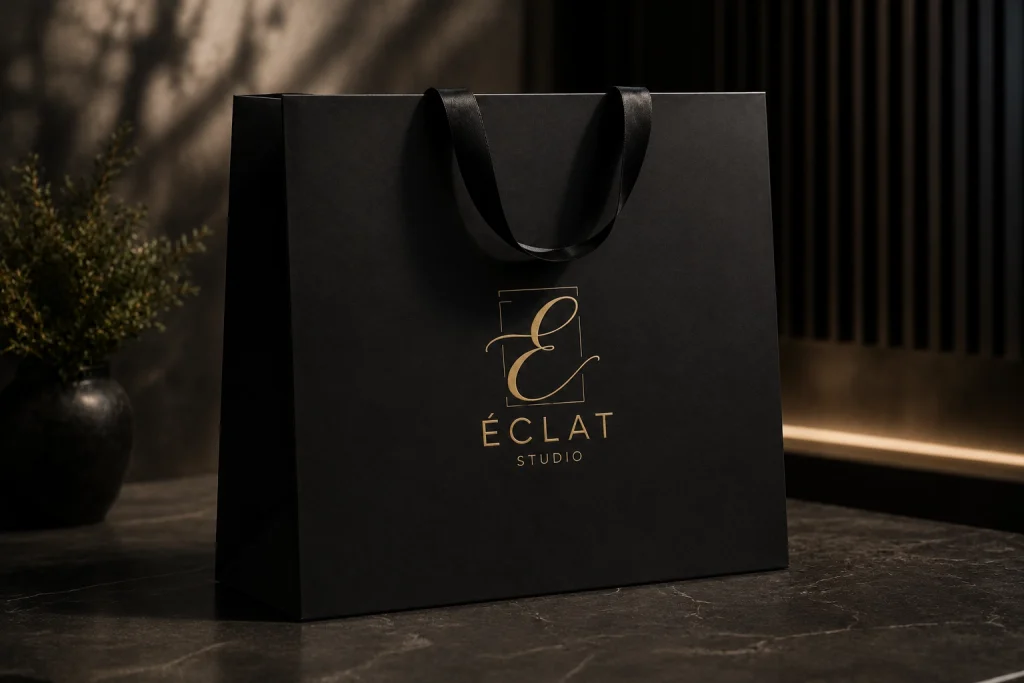Branding salones de belleza — bolsa de packaging negra mate con logo Éclat Studio estampado en dorado y asas de cinta de seda