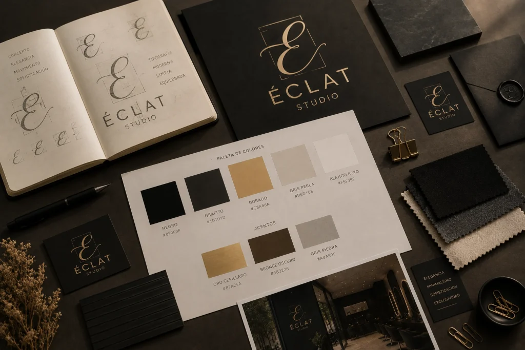 Branding salones de belleza — paleta de colores negro, dorado y gris de Éclat Studio con moodboard de materiales
