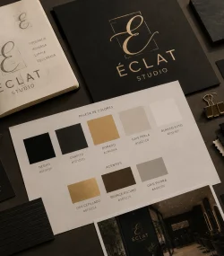 Branding salones de belleza — paleta de colores negro, dorado y gris de Éclat Studio con moodboard de materiales