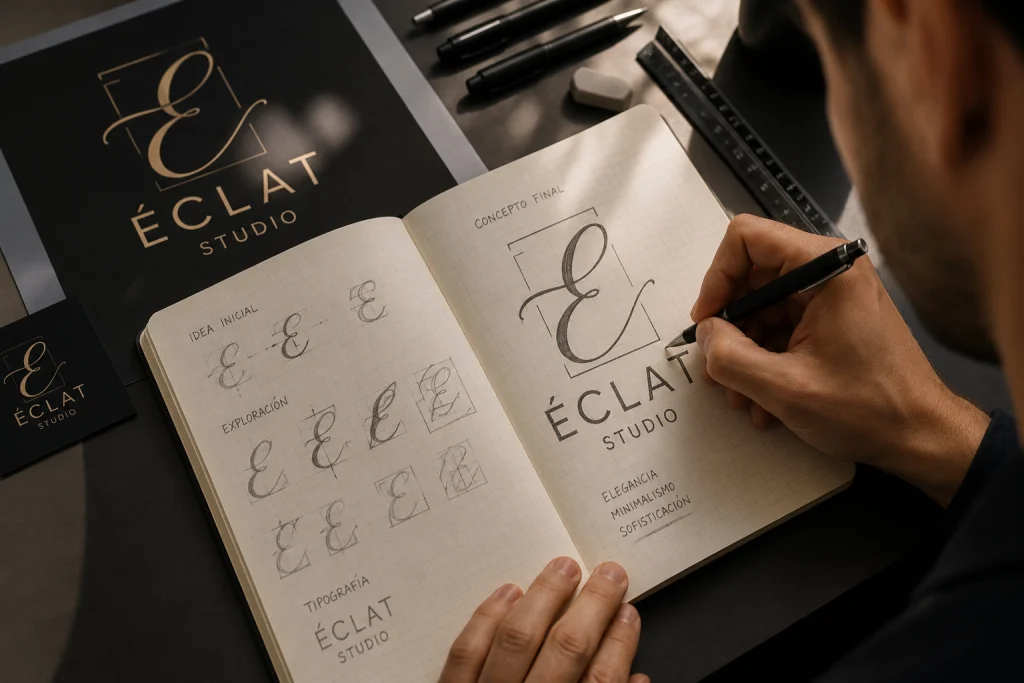 Branding salones de belleza — bocetos y proceso de creación del logo Éclat Studio en cuaderno de diseño