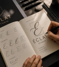 Branding salones de belleza — bocetos y proceso de creación del logo Éclat Studio en cuaderno de diseño