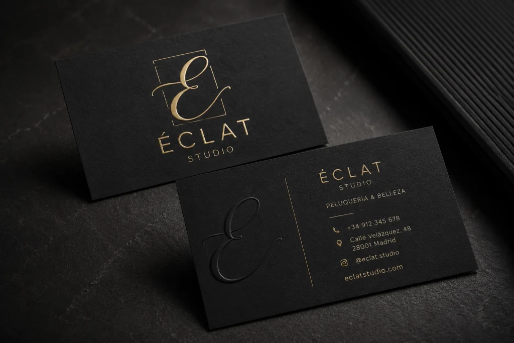 Branding salones de belleza — tarjeta de visita negra mate con logo en dorado y relieve seco para Éclat Studio