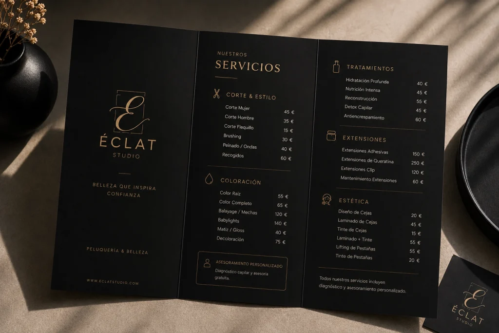 Branding salones de belleza — tríptico de servicios Éclat Studio en negro y dorado con carta de precios